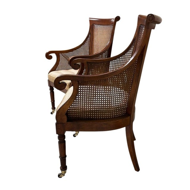 Pair of Early Mid-Century Regency Caned Library Chairs With Quilted Tufted Upholstery | IdleHour