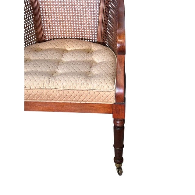 Pair of Early Mid-Century Regency Caned Library Chairs With Quilted Tufted Upholstery | IdleHour