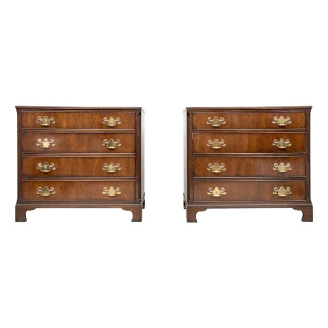 Pair of Kittinger George III Style Colonial Williamsburg Mahogany Four Drawer Bachelors Chests With Brass Hardware | IdleHour