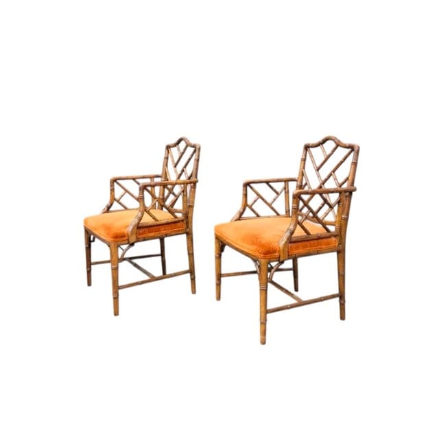 Pair of Late 20th Century Chippendale Faux Bamboo Arm Chairs With Persimmon Velvet Upholstery | IdleHour