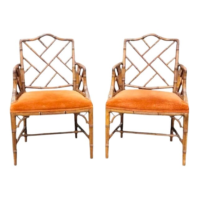 Pair of Late 20th Century Chippendale Faux Bamboo Arm Chairs With Persimmon Velvet Upholstery | IdleHour