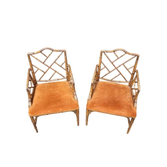 Pair of Late 20th Century Chippendale Faux Bamboo Arm Chairs With Persimmon Velvet Upholstery | IdleHour