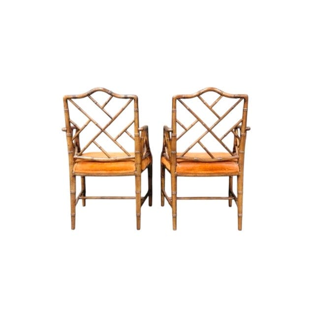 Pair of Late 20th Century Chippendale Faux Bamboo Arm Chairs With Persimmon Velvet Upholstery | IdleHour