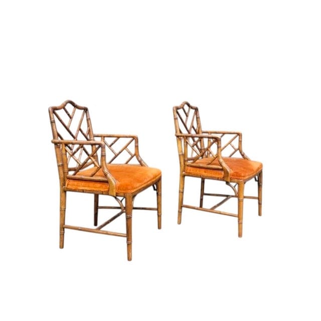 Pair of Late 20th Century Chippendale Faux Bamboo Arm Chairs With Persimmon Velvet Upholstery | IdleHour