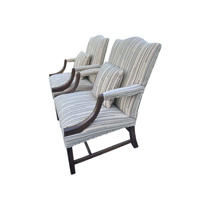 Pair of Late 20th Century Custom Upholstered Chippendale Style Vintage Armchairs With Two Matching Cushions | IdleHour