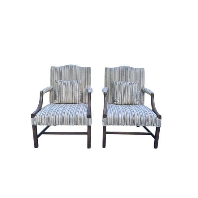 Pair of Late 20th Century Custom Upholstered Chippendale Style Vintage Armchairs With Two Matching Cushions | IdleHour