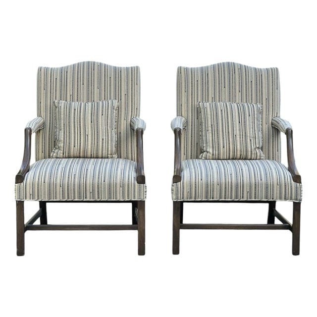 Pair of Late 20th Century Custom Upholstered Chippendale Style Vintage Armchairs With Two Matching Cushions | IdleHour