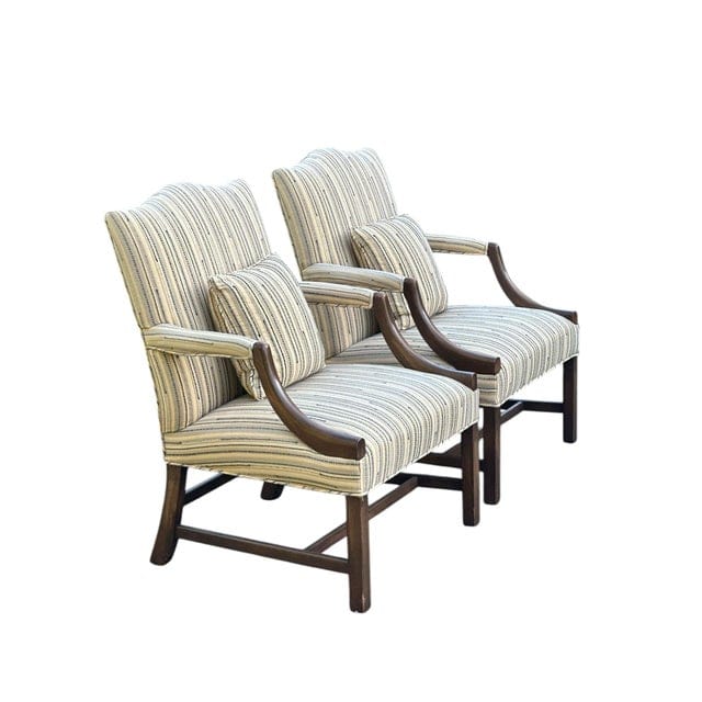 Pair of Late 20th Century Custom Upholstered Chippendale Style Vintage Armchairs With Two Matching Cushions | IdleHour