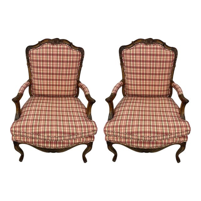 Pair of Late 20th Century French Country Louis XV Arm Chairs With Plaid Upholstery | IdleHour