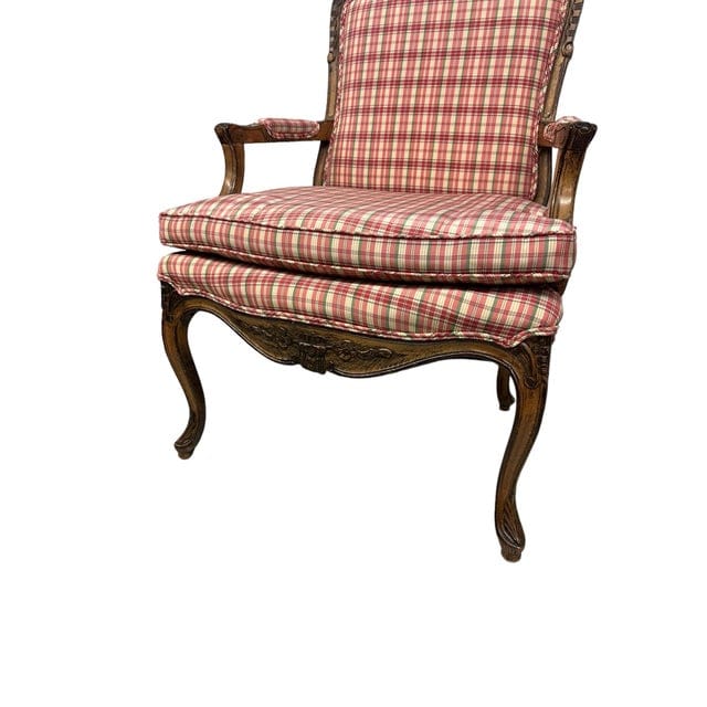 Pair of Late 20th Century French Country Louis XV Arm Chairs With Plaid Upholstery | IdleHour