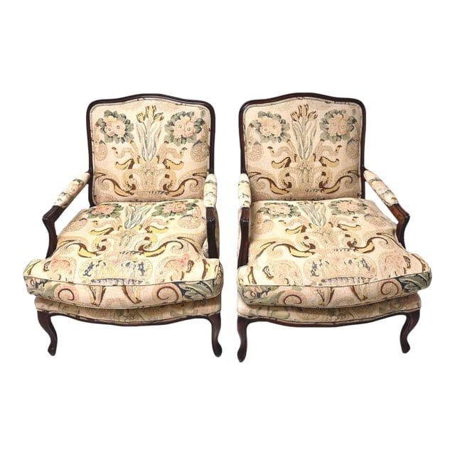Pair of Late 20th Century Louis XV Linen Bergère Chairs Upholstered by Jon Paul Shriever | IdleHour