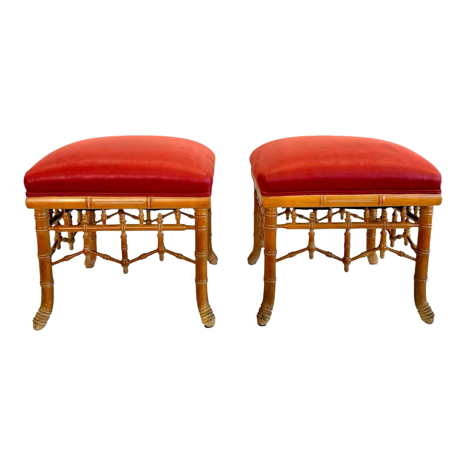 Pair of Mid 20th Century Chinese Chippendale Faux Bamboo Stools | IdleHour