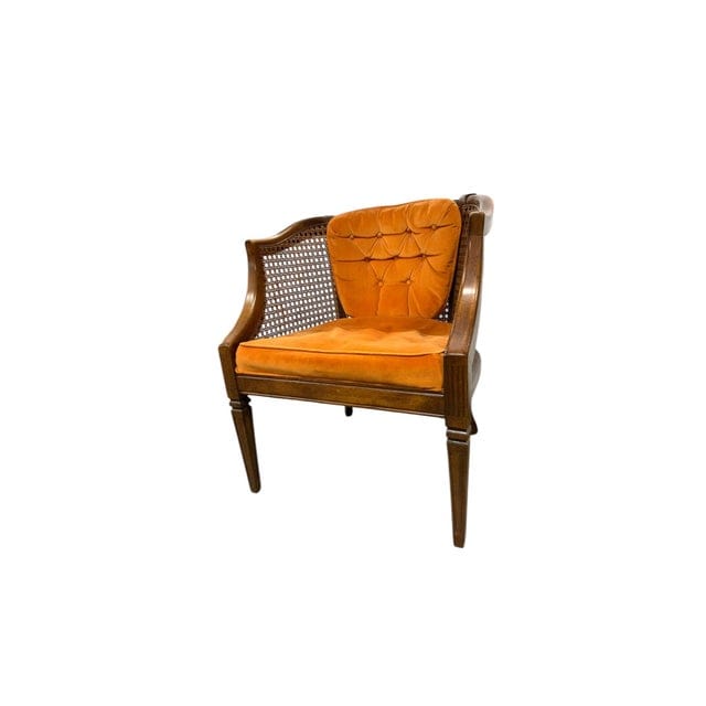 Pair of Mid-Century Caned Barrel Back Chairs With Persimmon Velvet Upholstery | IdleHour