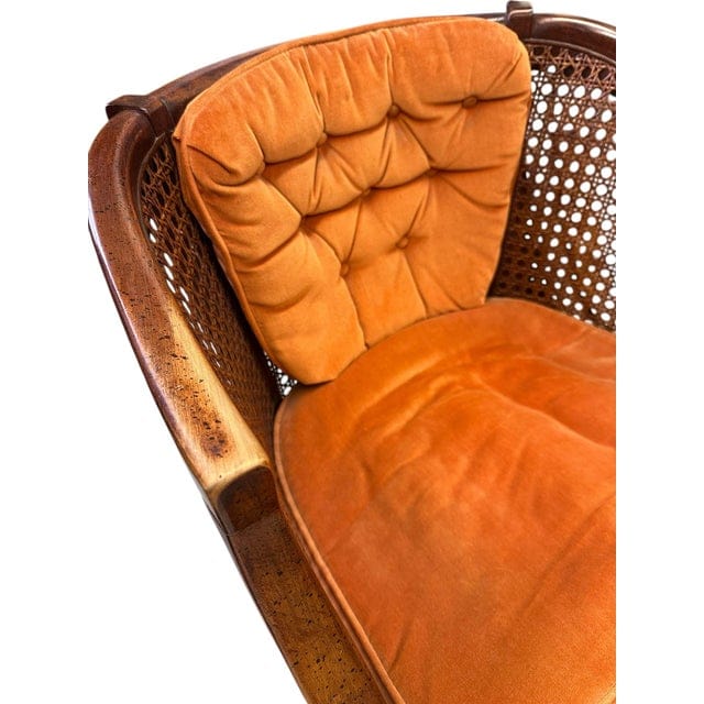Pair of Mid-Century Caned Barrel Back Chairs With Persimmon Velvet Upholstery | IdleHour
