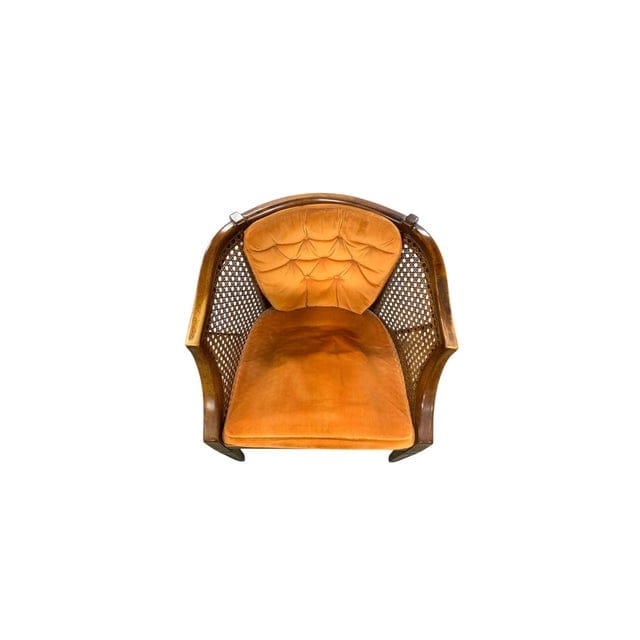 Pair of Mid-Century Caned Barrel Back Chairs With Persimmon Velvet Upholstery | IdleHour