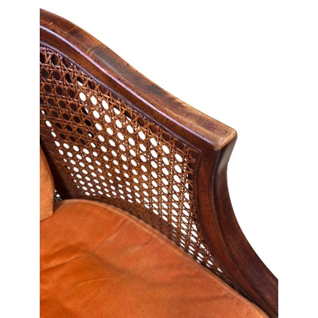 Pair of Mid-Century Caned Barrel Back Chairs With Persimmon Velvet Upholstery | IdleHour