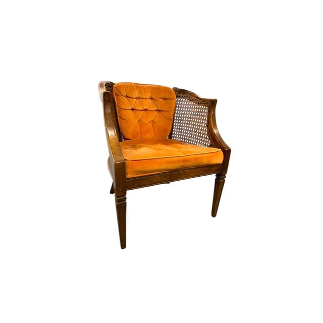 Pair of Mid-Century Caned Barrel Back Chairs With Persimmon Velvet Upholstery | IdleHour