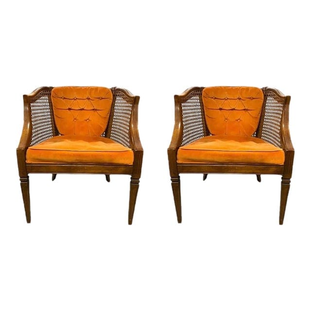 Pair of Mid-Century Caned Barrel Back Chairs With Persimmon Velvet Upholstery | IdleHour