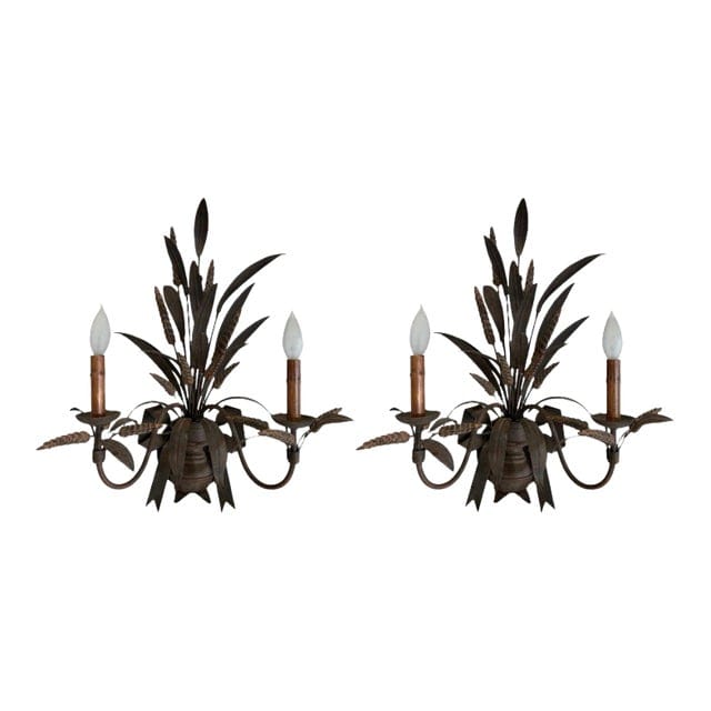Pair of Vintage Currey and Company Wheat Motif Sconces in Bronze Tones | IdleHour