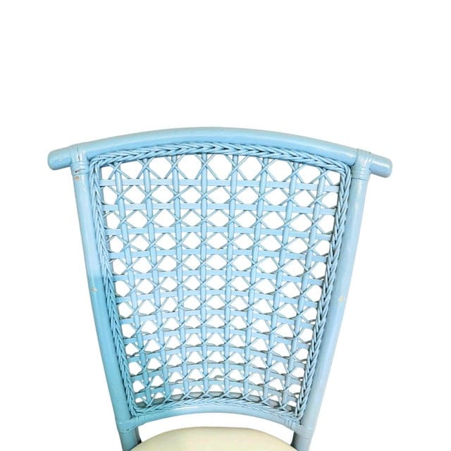 Pair of Vintage Sky Blue Painted Wicker Chairs With White Vinyl Seats | IdleHour