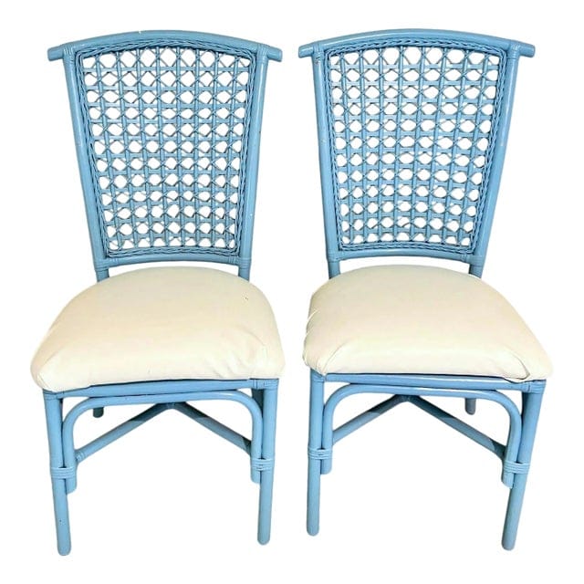 Pair of Vintage Sky Blue Painted Wicker Chairs With White Vinyl Seats | IdleHour