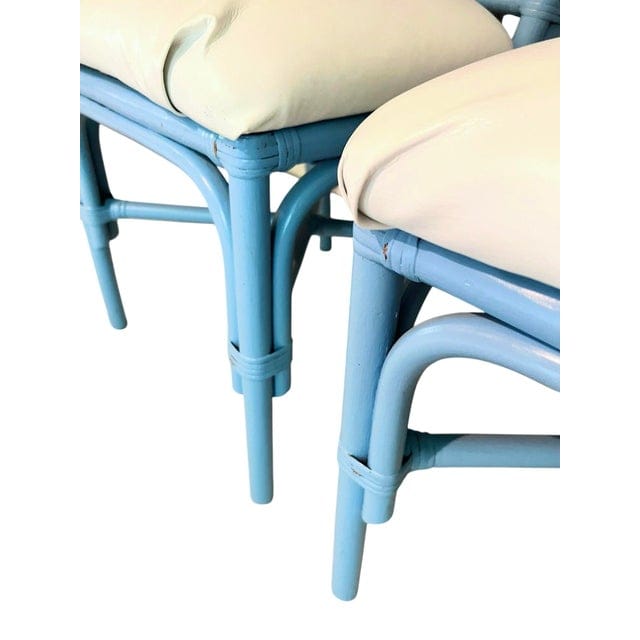 Pair of Vintage Sky Blue Painted Wicker Chairs With White Vinyl Seats | IdleHour