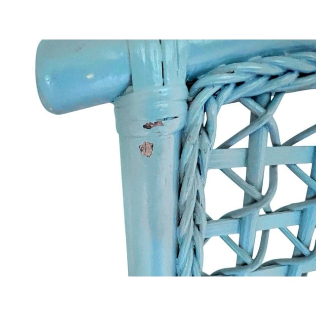 Pair of Vintage Sky Blue Painted Wicker Chairs With White Vinyl Seats | IdleHour
