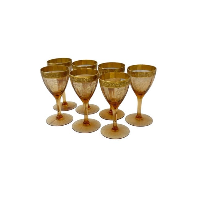 Set of 7 Tiffin-Franciscan Gold-Rimmed Hand Blown Glass Aperitif Glasses in Melrose Amber Pattern | IdleHour