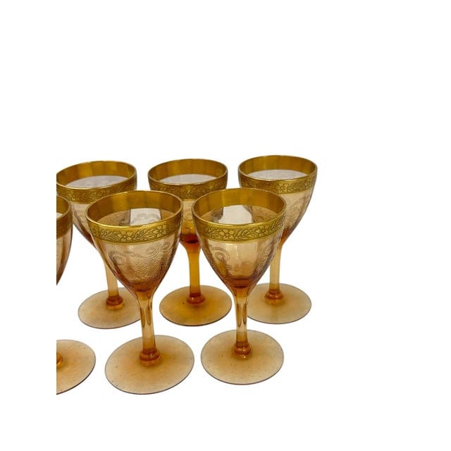 Set of 7 Tiffin-Franciscan Gold-Rimmed Hand Blown Glass Aperitif Glasses in Melrose Amber Pattern | IdleHour