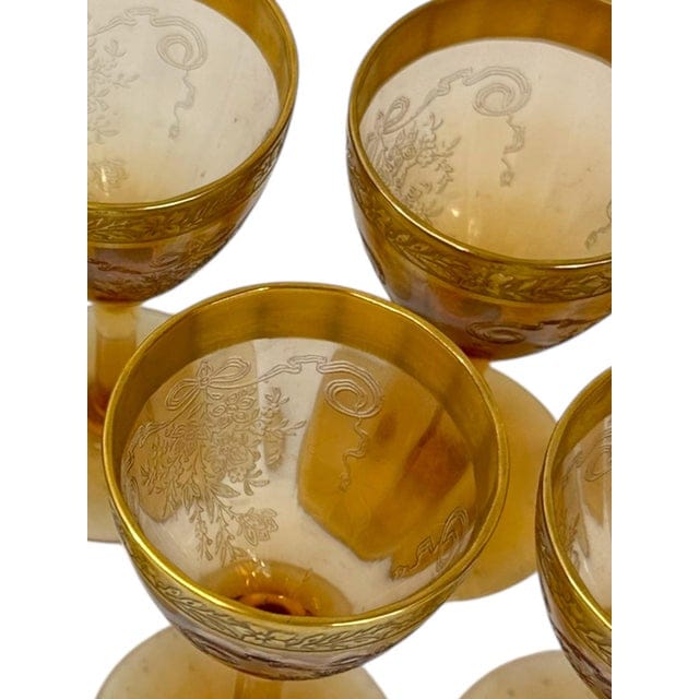 Set of 7 Tiffin-Franciscan Gold-Rimmed Hand Blown Glass Aperitif Glasses in Melrose Amber Pattern | IdleHour