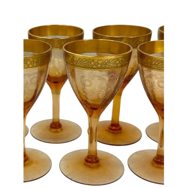 Set of 7 Tiffin-Franciscan Gold-Rimmed Hand Blown Glass Aperitif Glasses in Melrose Amber Pattern | IdleHour