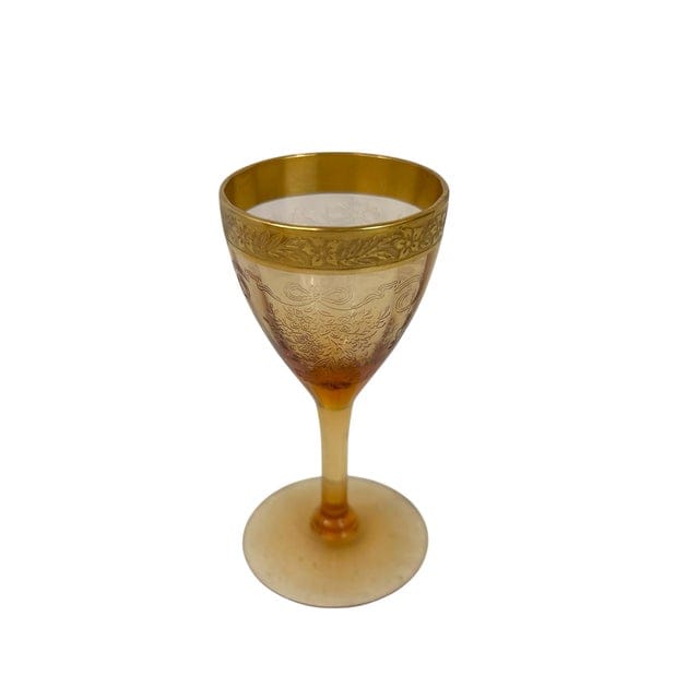 Set of 7 Tiffin-Franciscan Gold-Rimmed Hand Blown Glass Aperitif Glasses in Melrose Amber Pattern | IdleHour