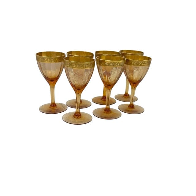 Set of 7 Tiffin-Franciscan Gold-Rimmed Hand Blown Glass Aperitif Glasses in Melrose Amber Pattern | IdleHour