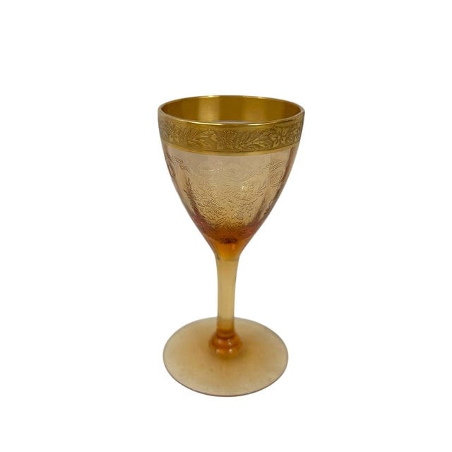 Set of 7 Tiffin-Franciscan Gold-Rimmed Hand Blown Glass Aperitif Glasses in Melrose Amber Pattern | IdleHour