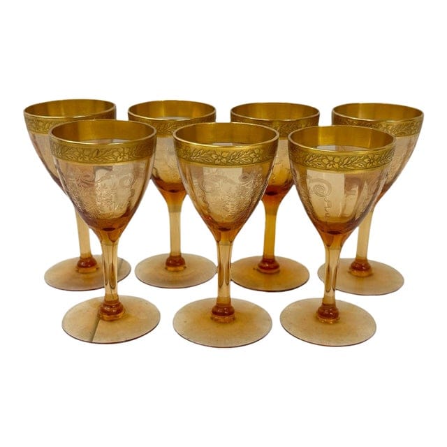 Set of 7 Tiffin-Franciscan Gold-Rimmed Hand Blown Glass Aperitif Glasses in Melrose Amber Pattern | IdleHour