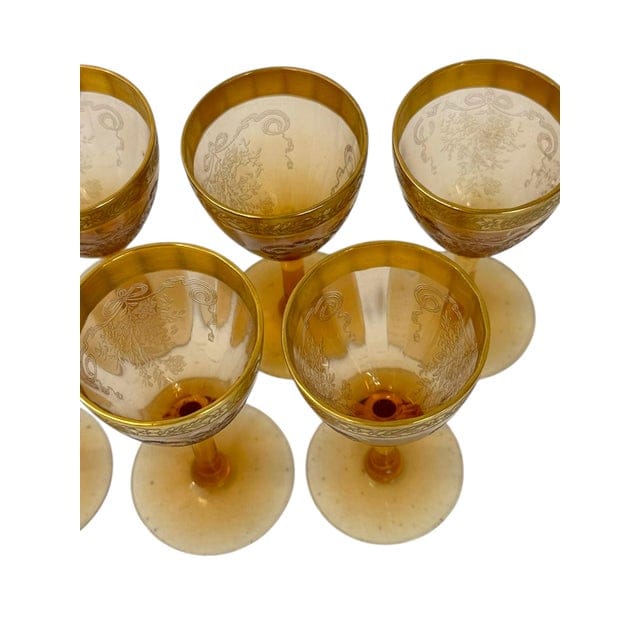 Set of 7 Tiffin-Franciscan Gold-Rimmed Hand Blown Glass Aperitif Glasses in Melrose Amber Pattern | IdleHour