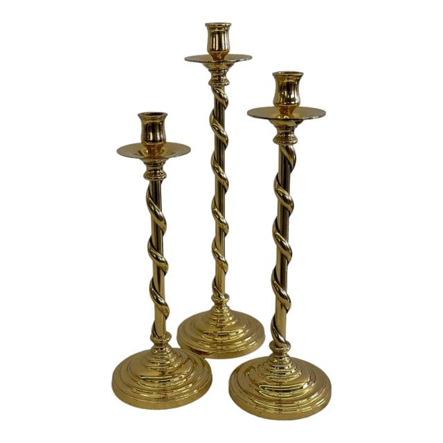 Set of Three Mid 20th Century Brass Twisted Candlestick Holders | IdleHour