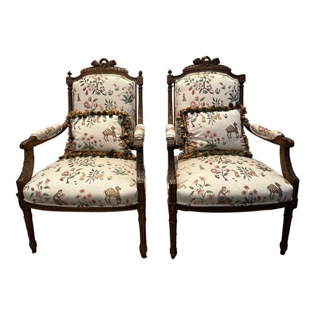 Stunning Pair of Louis XVI Fluted Chairs With Custom Tracers & Co. Cluny Lampis Brocade Upholstery | IdleHour