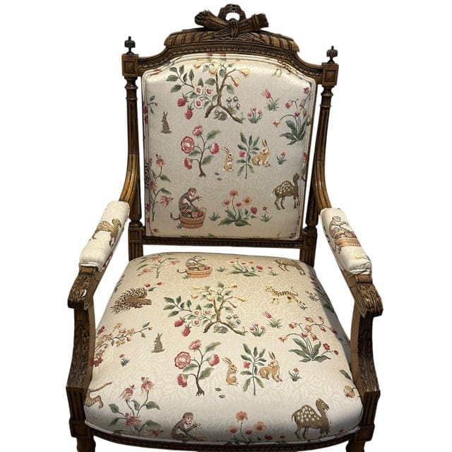 Stunning Pair of Louis XVI Fluted Chairs With Custom Tracers & Co. Cluny Lampis Brocade Upholstery | IdleHour