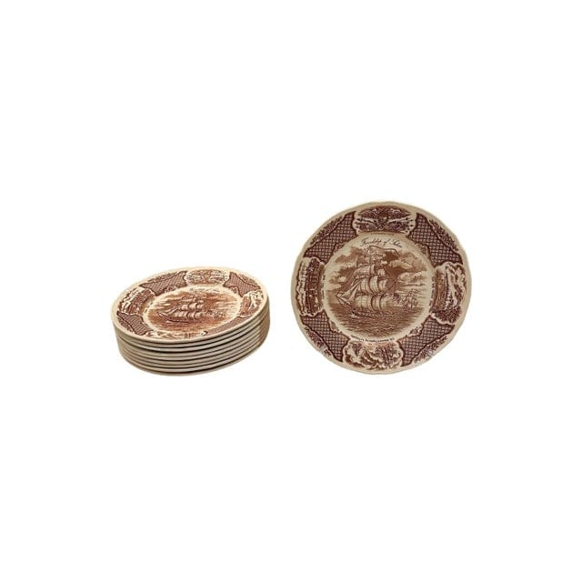 Vintage Alfred Meakin Staffordshire Fair Winds The Friendship of Salem Brown Dinner Plates - Set of 10 | IdleHour