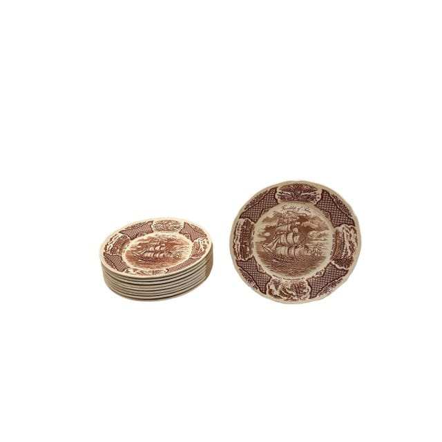 Vintage Alfred Meakin Staffordshire Fair Winds The Friendship of Salem Brown Dinner Plates - Set of 10 | IdleHour