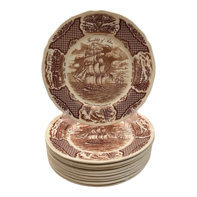 Vintage Alfred Meakin Staffordshire Fair Winds The Friendship of Salem Brown Dinner Plates - Set of 10 | IdleHour