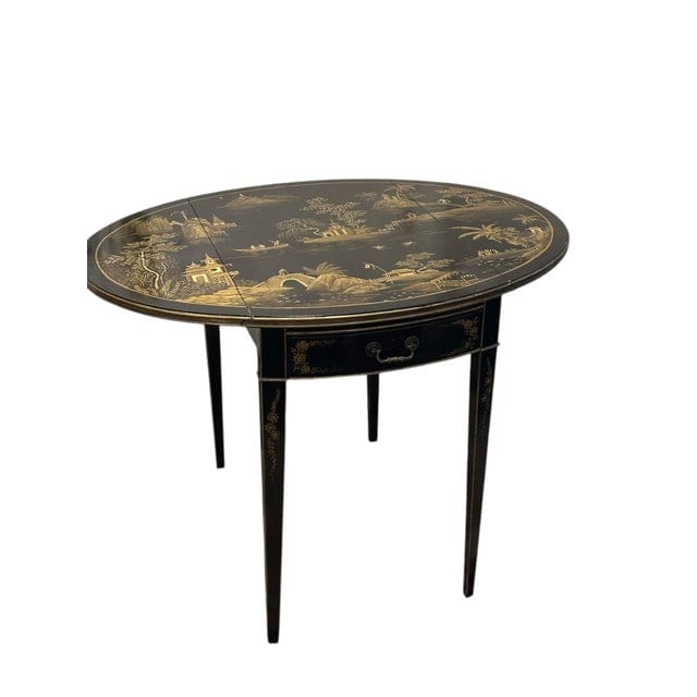 Vintage Black Lacquer Chinoiserie Drop-Leaf Table With Drawers | IdleHour