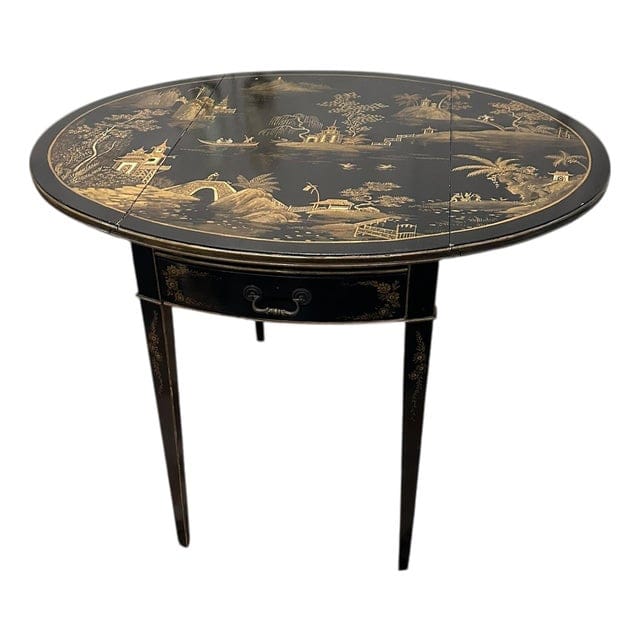 Vintage Black Lacquer Chinoiserie Drop-Leaf Table With Drawers | IdleHour