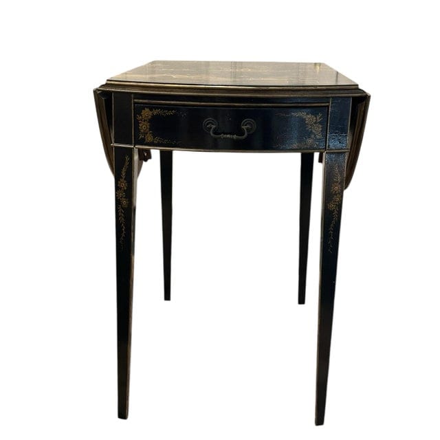 Vintage Black Lacquer Chinoiserie Drop-Leaf Table With Drawers | IdleHour