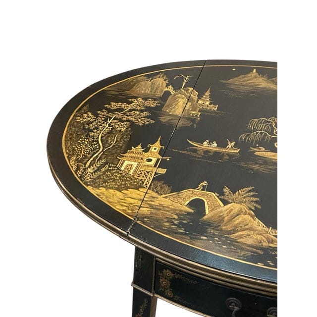 Vintage Black Lacquer Chinoiserie Drop-Leaf Table With Drawers | IdleHour