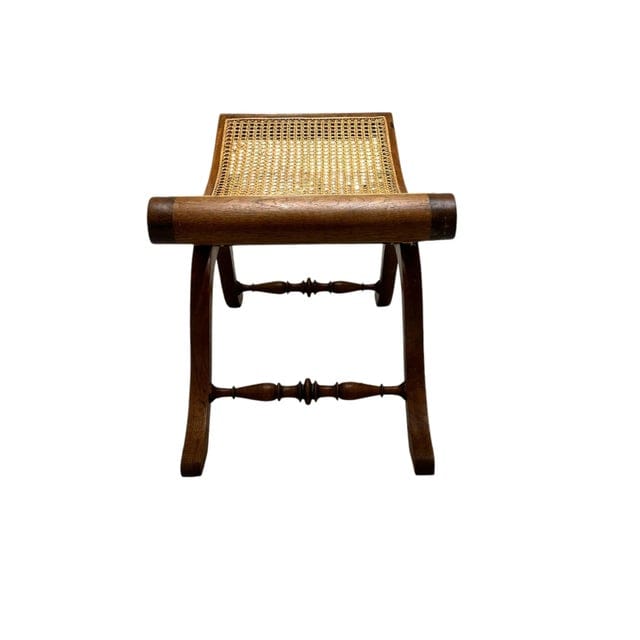 Vintage Caned Robert Lighton British Khaki Curule Bench | IdleHour
