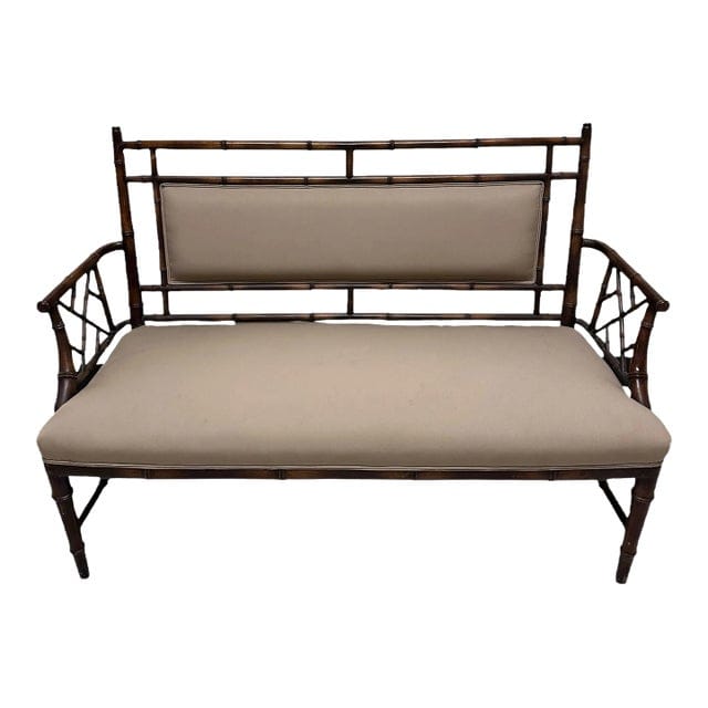 Vintage Chinese Chippendale Faux Bamboo Tan Upholstered Settee | IdleHour