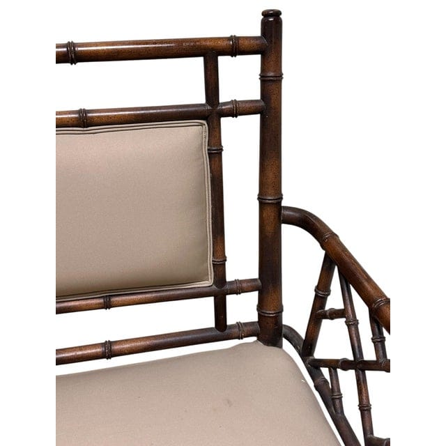 Vintage Chinese Chippendale Faux Bamboo Tan Upholstered Settee | IdleHour