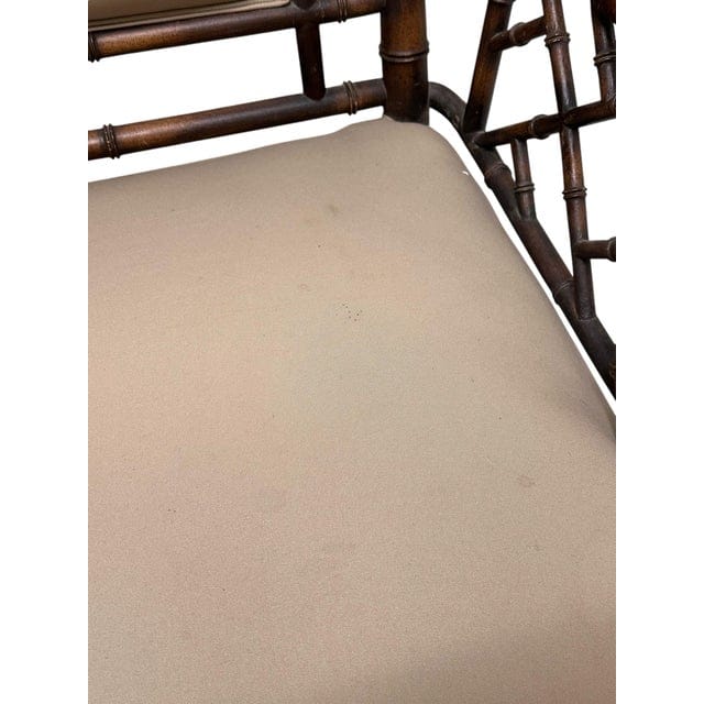 Vintage Chinese Chippendale Faux Bamboo Tan Upholstered Settee | IdleHour